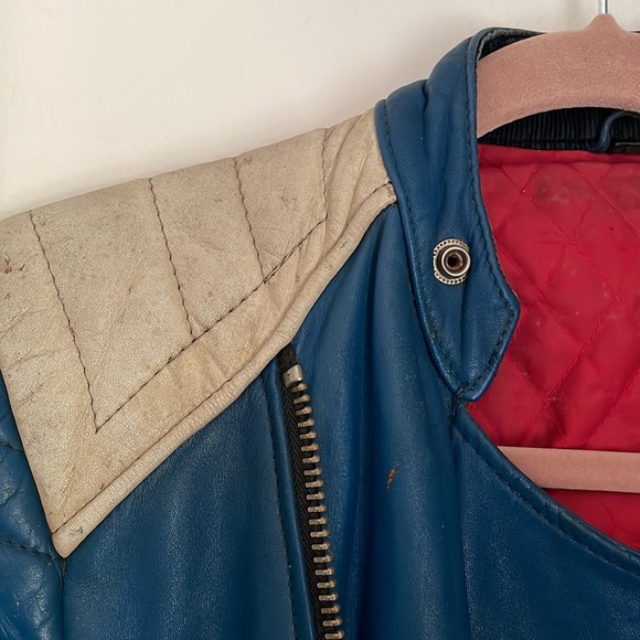 Unique Blue Genuine Leather Biker Jacket - Picture 6 of 8